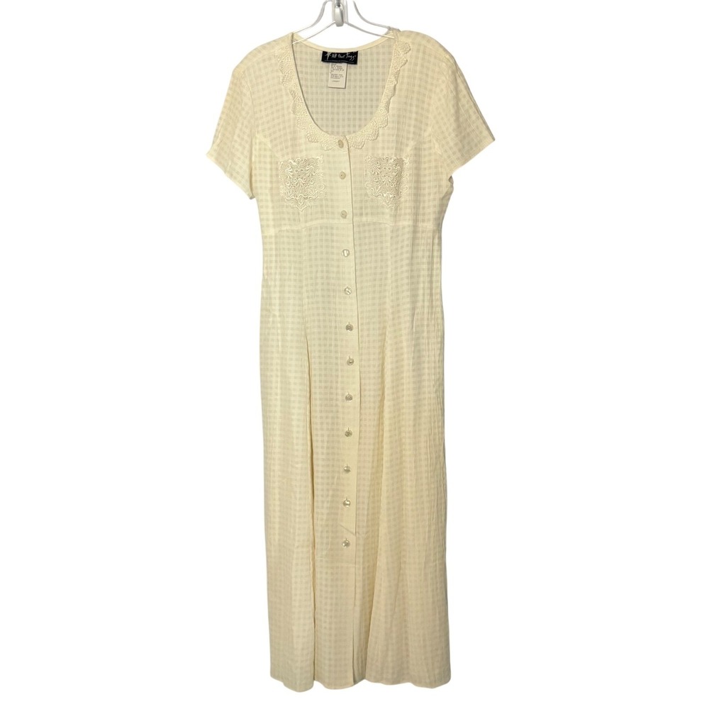 Vintage All That Jazz Gingham Maxi Dress Cream Lace Trim Button Front - 13/14
